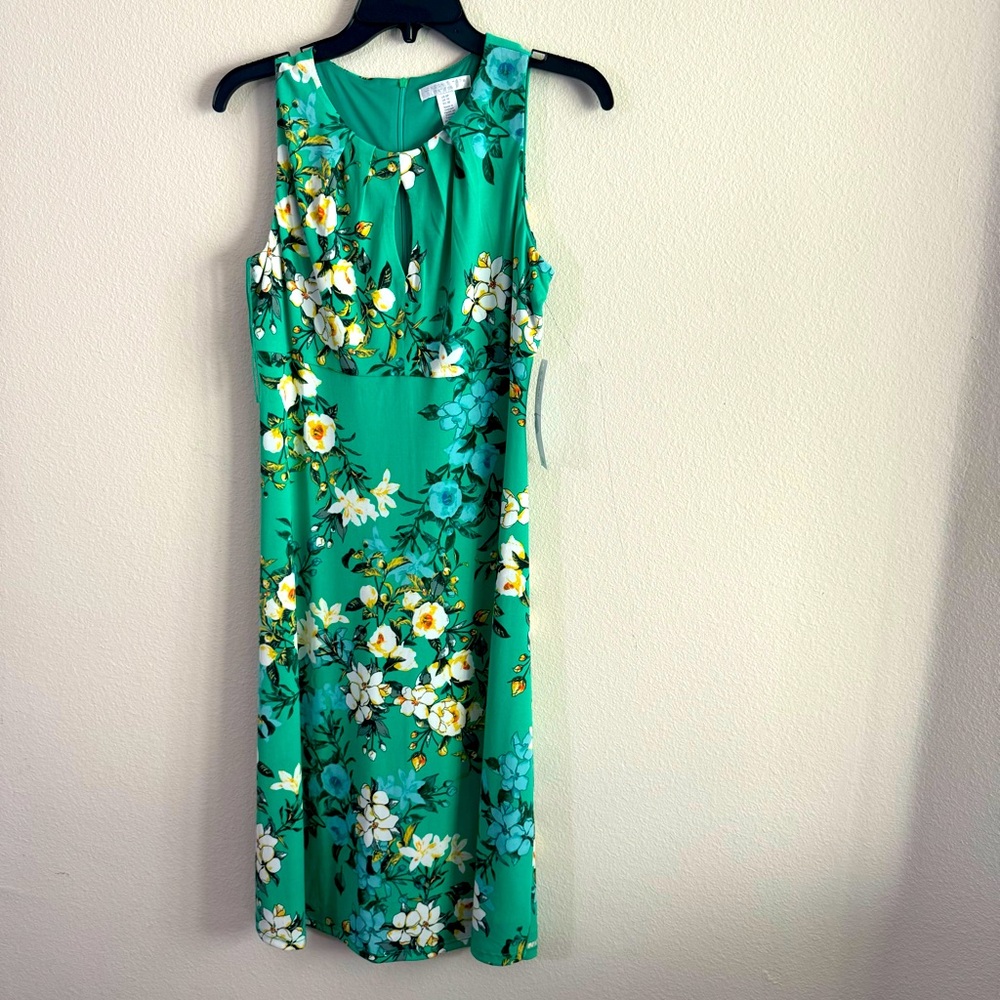 London Times women’s petite fit & flare keyhole neck, green floral dress 6P